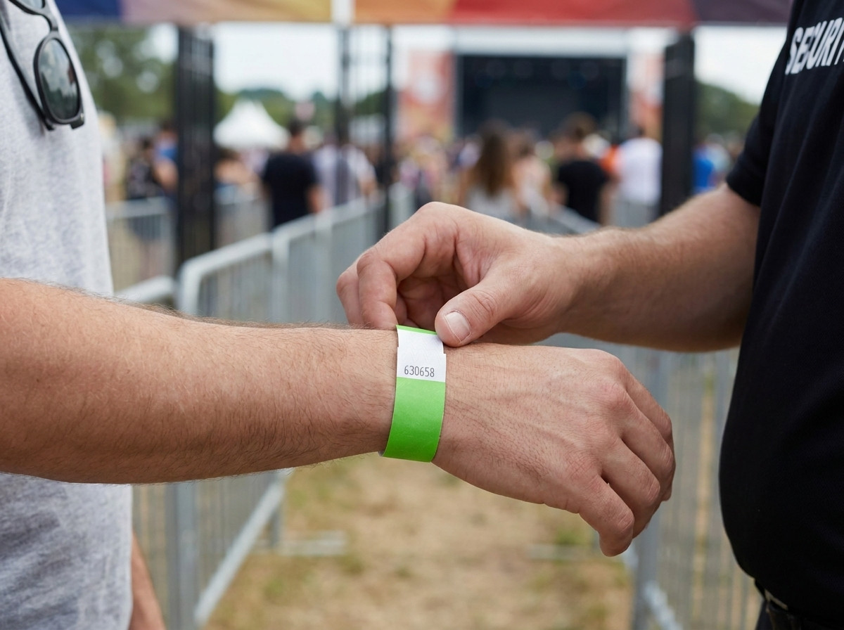 Personal de seguridad verificando la pulsera anti-transferencia de un asistente al festival en la entrada de un evento