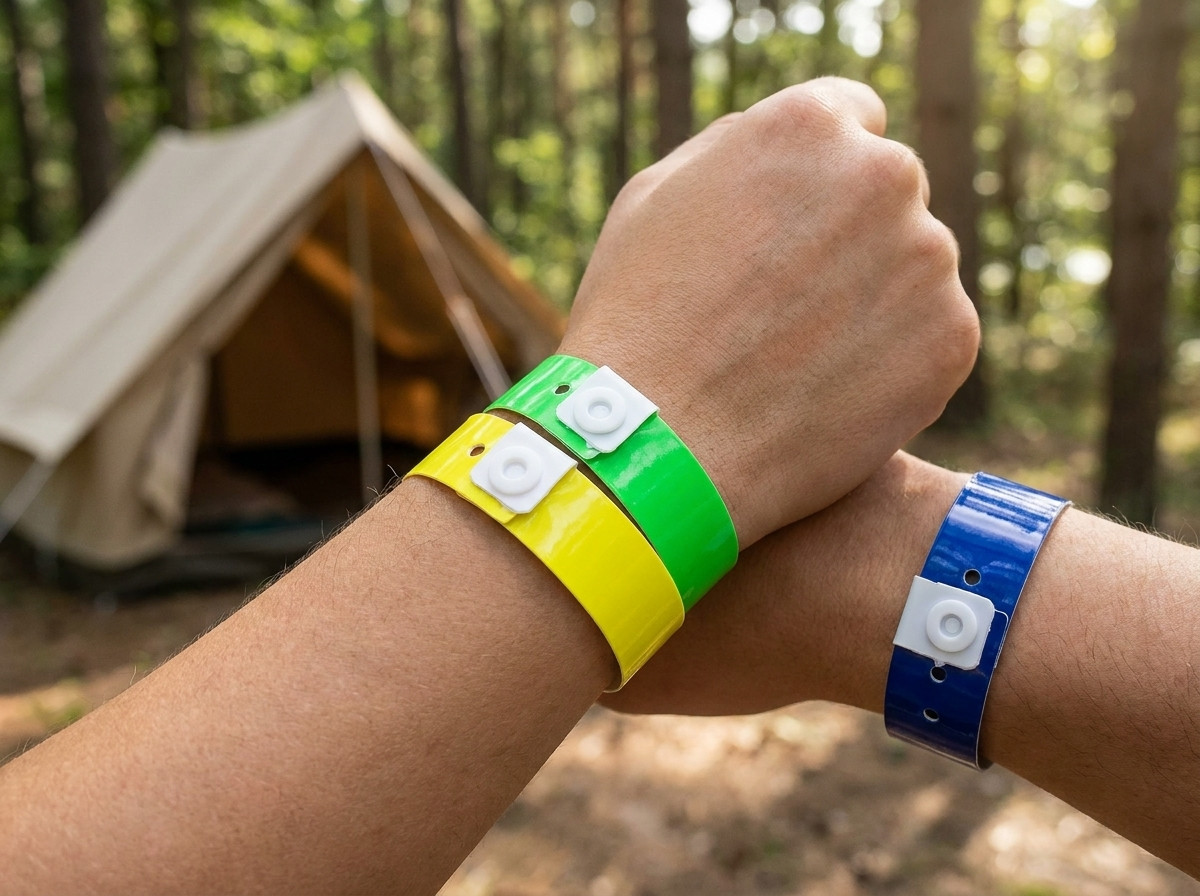 Pulseras de camping de colores en Tyvek llevadas por campistas a la entrada de una piscina exterior soleada