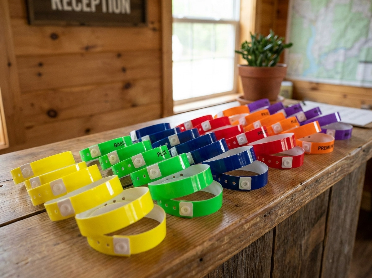 Pulseras de vinilo PVC de colores en un mostrador, durabilidad del plástico para eventos de varios días