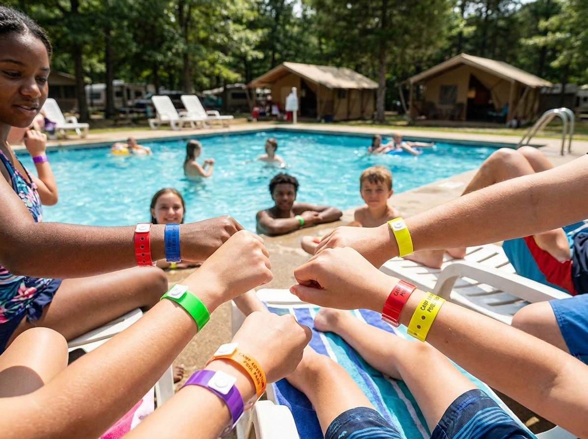 Pulseras de vinilo de colores llevadas por campistas a orillas de una piscina de camping al aire libre