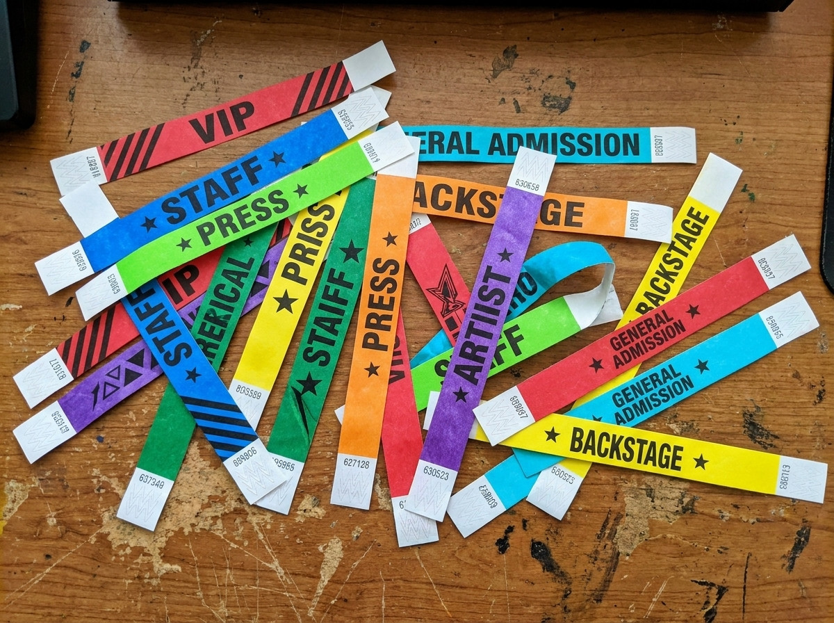 Pulseras de festival de colores en Tyvek dispuestas sobre una mesa de produccion, mostrando diferentes colores e impresiones para distinguir los tipos de pase