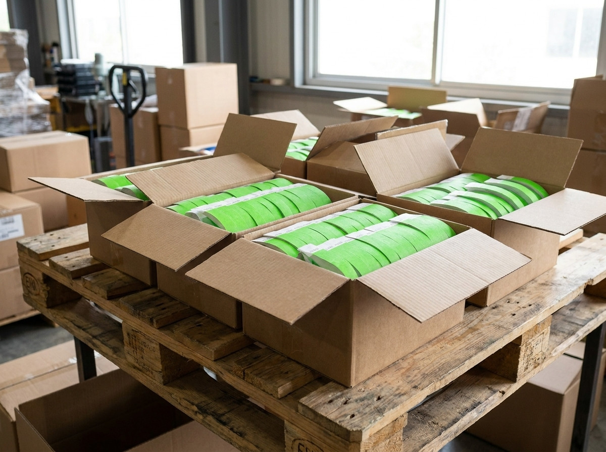 Cajas de pulseras de festival Tyvek listas para su envio con etiquetas DHL Express, ilustrando la entrega rapida en 24 horas para eventos urgentes