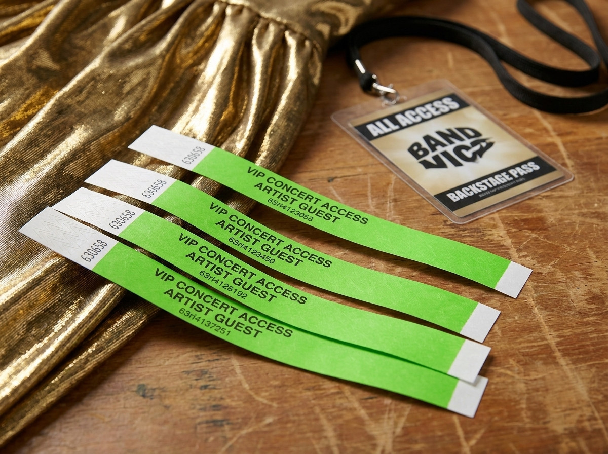 Pulseras VIP personalizadas para concierto, colocadas sobre una mesa backstage con lame dorado y acreditacion de artista