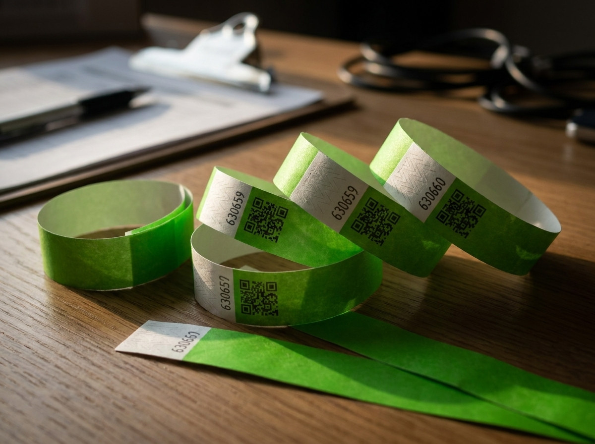Pulseras de control de acceso en Tyvek personalizadas con codigos QR y numeracion secuencial, colocadas sobre una mesa de control de eventos