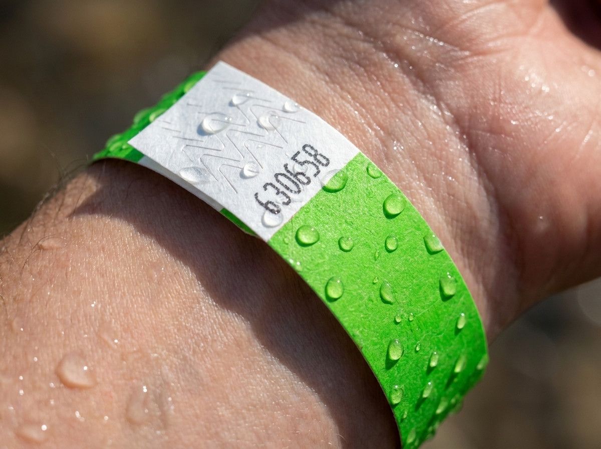 Primer plano de una pulsera de vinilo impermeable llevada en la muñeca de un triatleta que sale del agua durante la transición natación-bicicleta