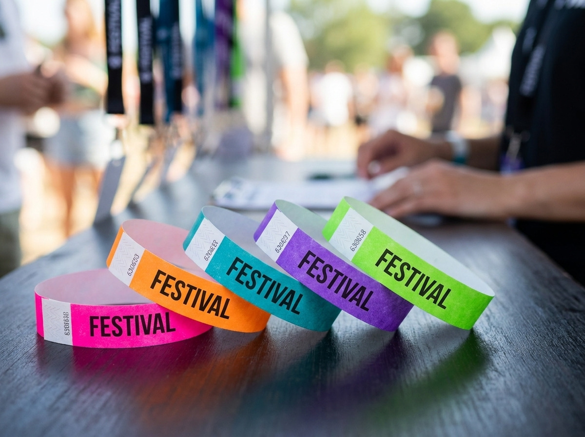 Pulseras de festival personalizadas en Tyvek multicolor con impresion HD y cierre antitransferencia, colocadas sobre una mesa de control de eventos
