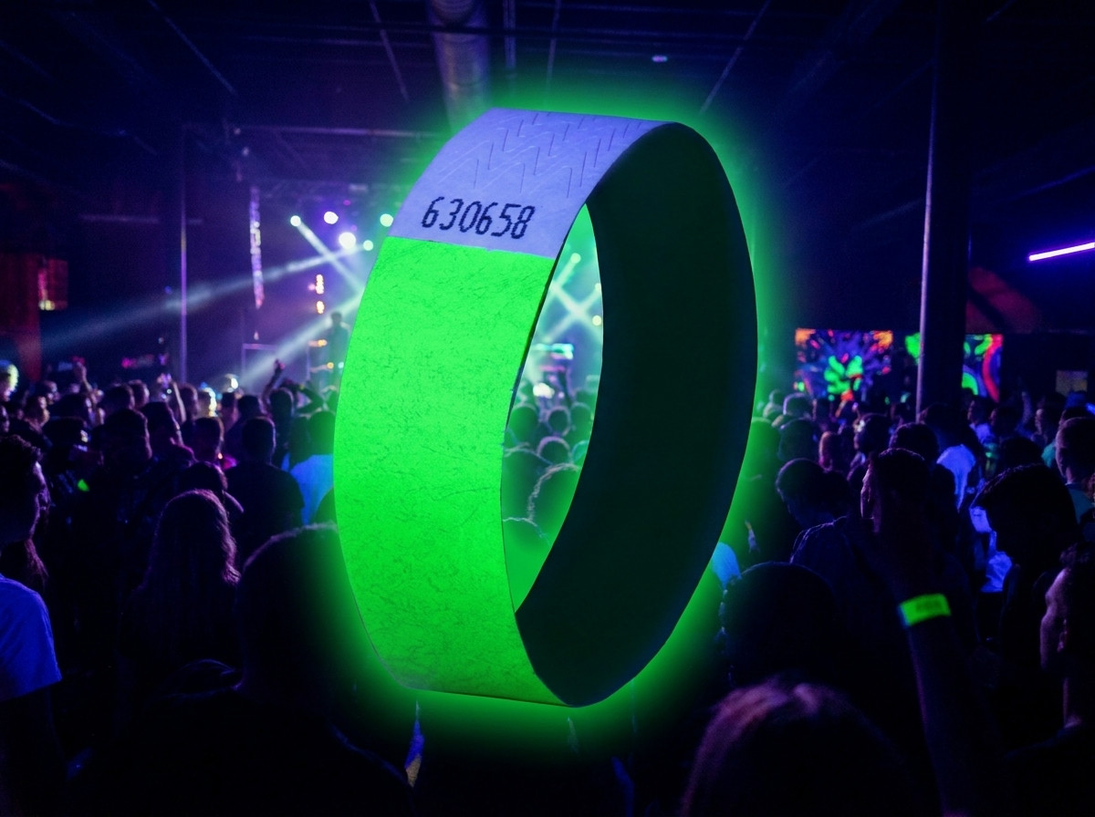 Pulseras Tyvek fluorescentes para festival de música electrónica bajo luz negra, con logotipo y código QR impresos en alta definición