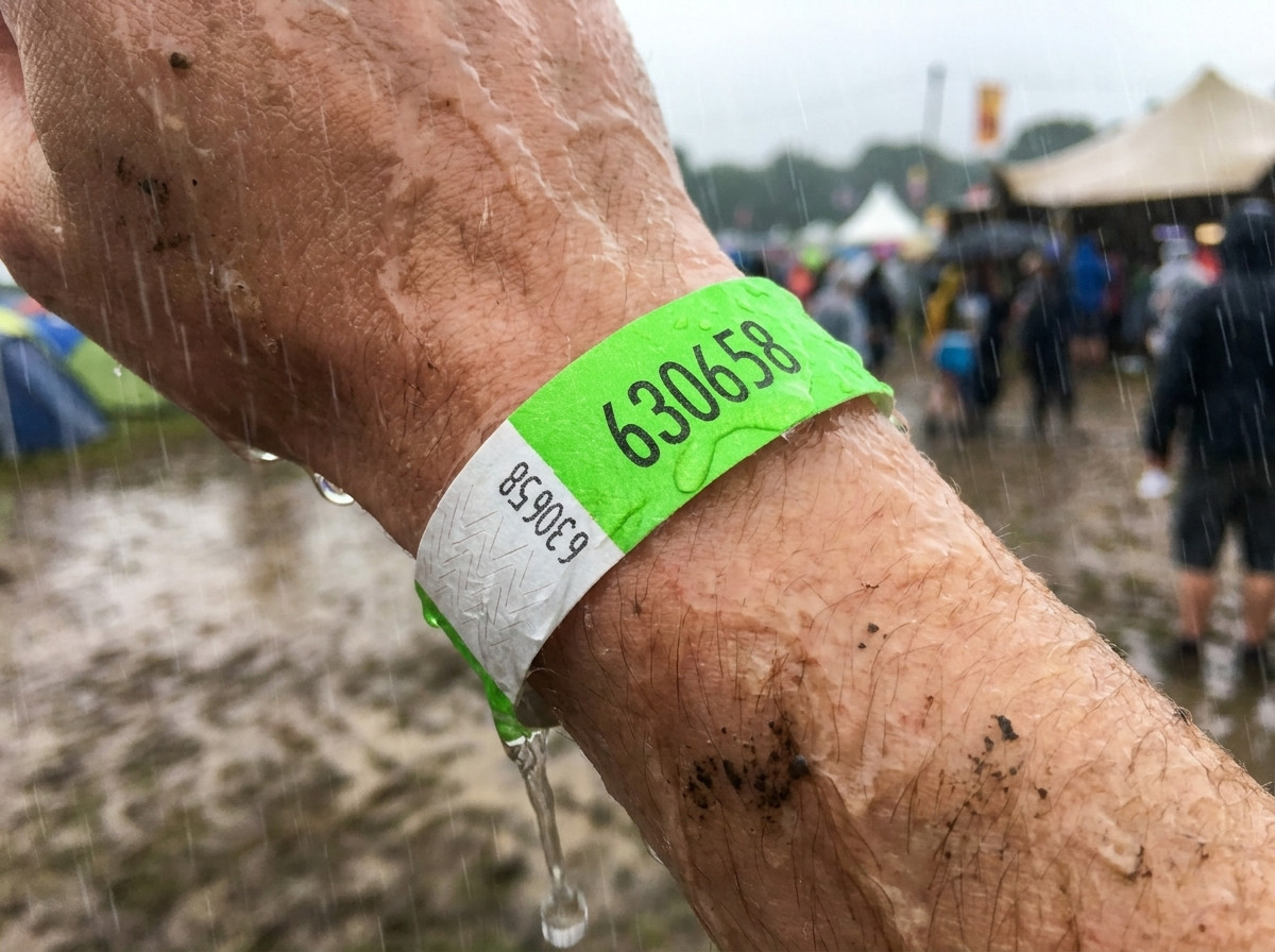 Primer plano de una pulsera identificativa personalizada llevada en la muñeca durante un festival de varios días bajo la lluvia, permaneciendo intacta y legible