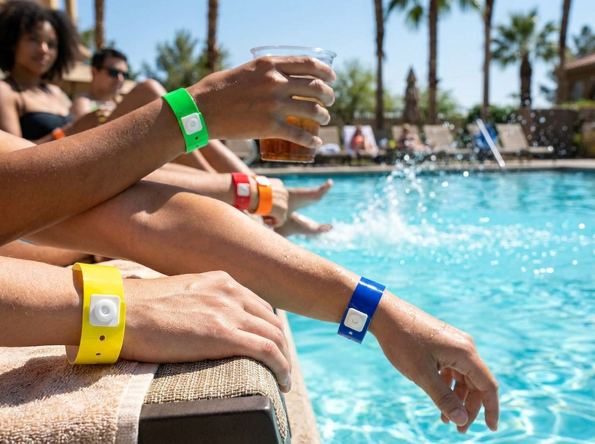 Pulseras de vinilo de colores llevadas en la muñeca de clientes a orillas de una piscina exterior de hotel en un día soleado