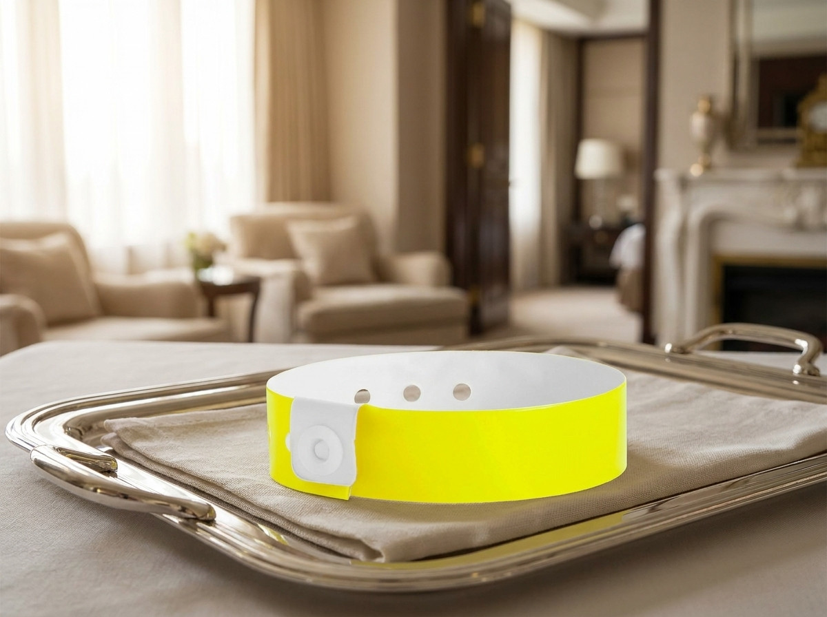 Pulsera VIP personalizada para cliente de suite hotelera, colocada sobre una elegante bandeja de servicio