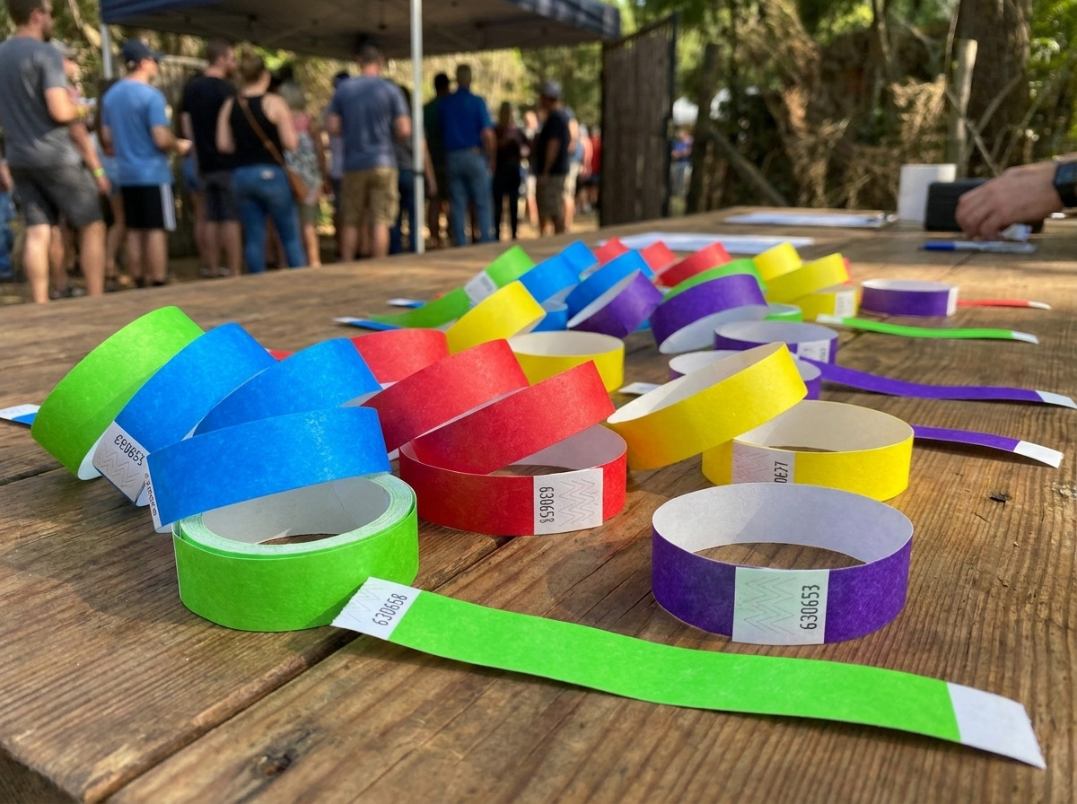 Pulseras de identificacion en Tyvek y personalizadas para ninos, pacientes y eventos, colocadas sobre una mesa con impresion HD legible
