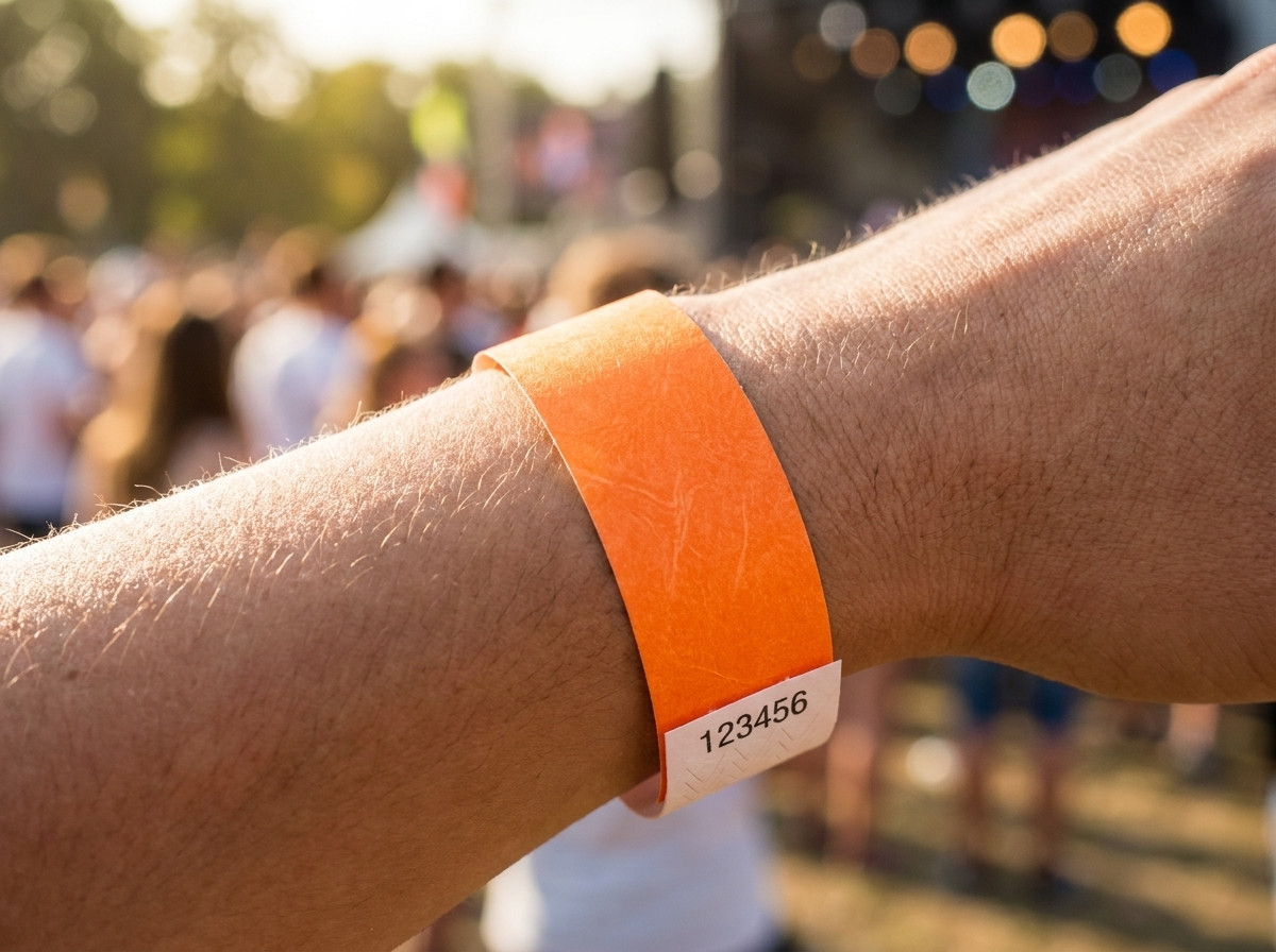 Pulsera de identificación médica en impresa con nombre, fecha de nacimiento y código de barras, llevada en la muñeca de un paciente hospitalizado