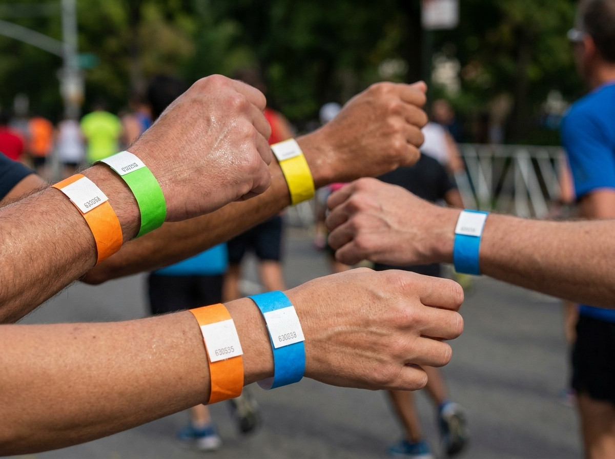 Corredores llevando pulseras de identificación de colores durante una maratón urbana