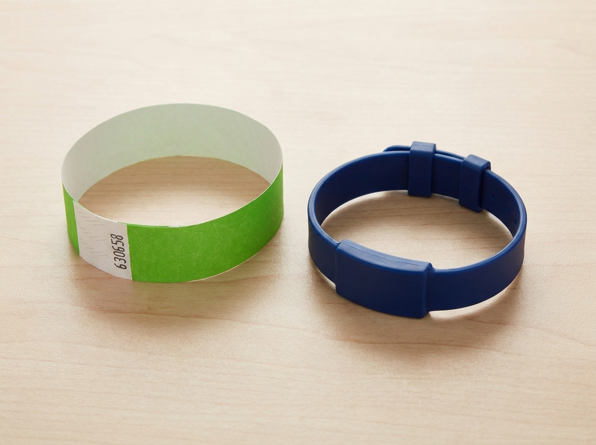 Foto comparando una pulsera Tyvek desechable y una pulsera de plastico rigido reutilizable colocadas una al lado de la otra sobre una mesa