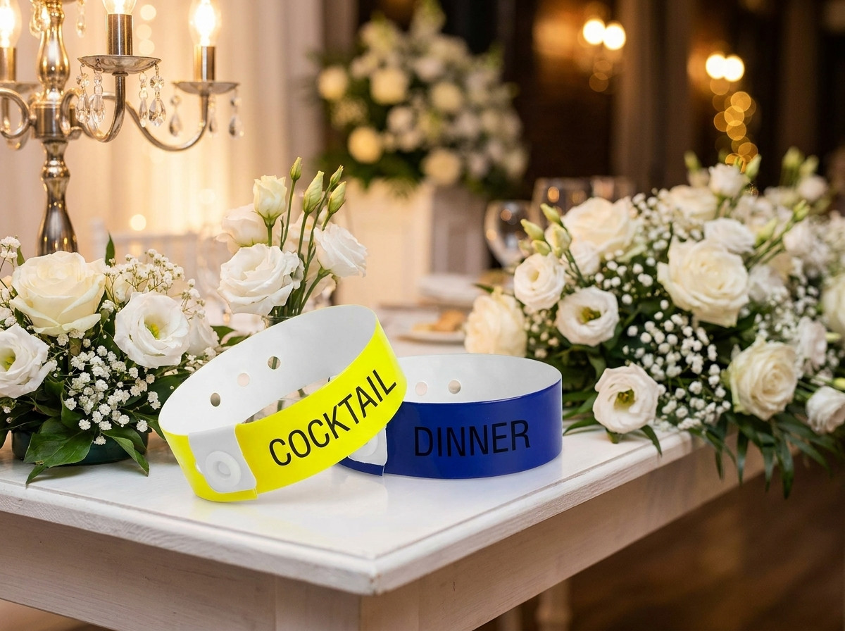 Dos tipos de pulseras de boda colocadas una al lado de la otra sobre una mesa de recepción decorada con flores blancas, ilustrando la distinción entre cóctel y cena