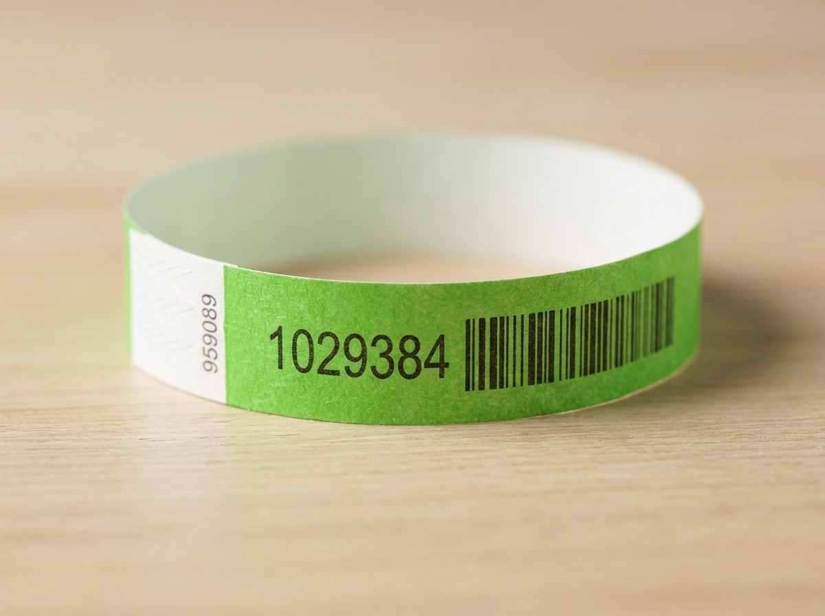 Primer plano de una pulsera Tyvek con numero secuencial impreso y codigo de barras, colocada sobre una mesa de recepcion de evento