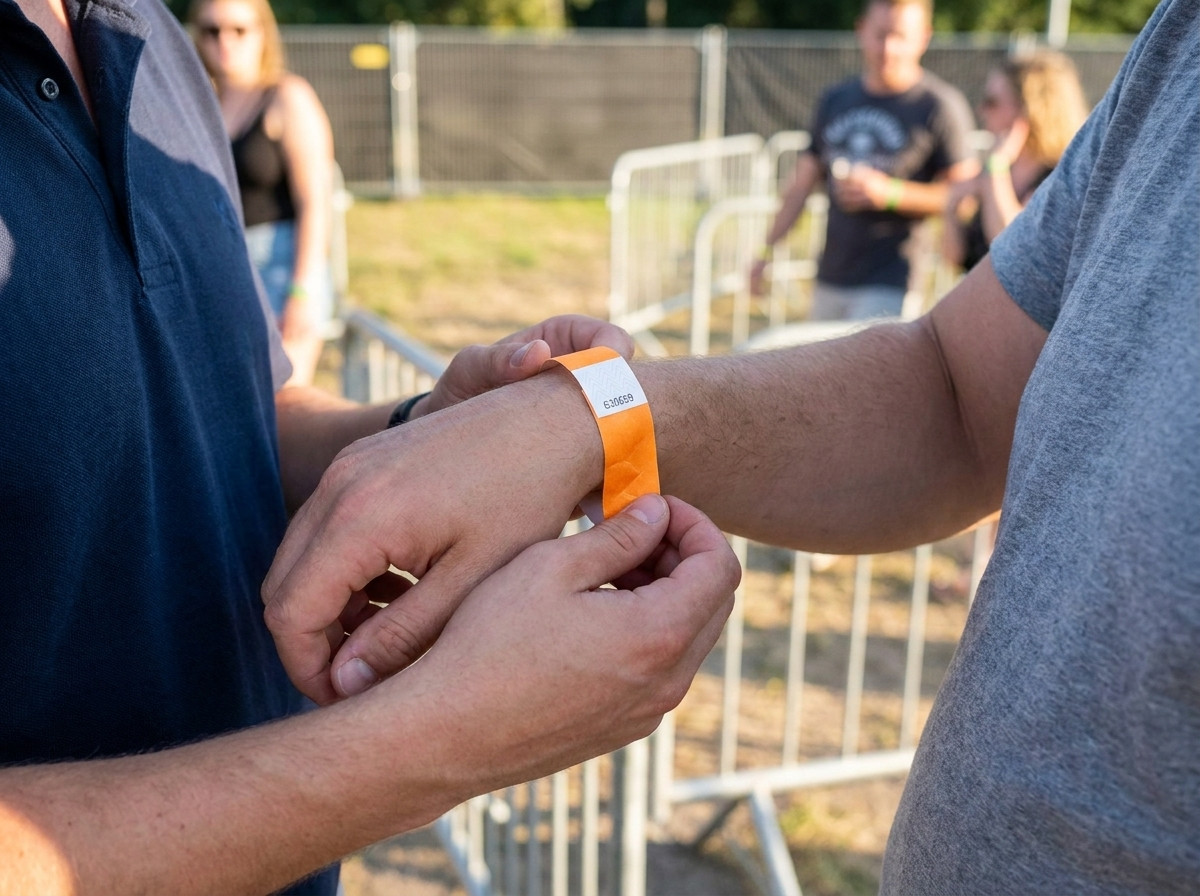 Personal de recepcion de un festival colocando una pulsera identificativa numerada en la muneca de un participante en la entrada