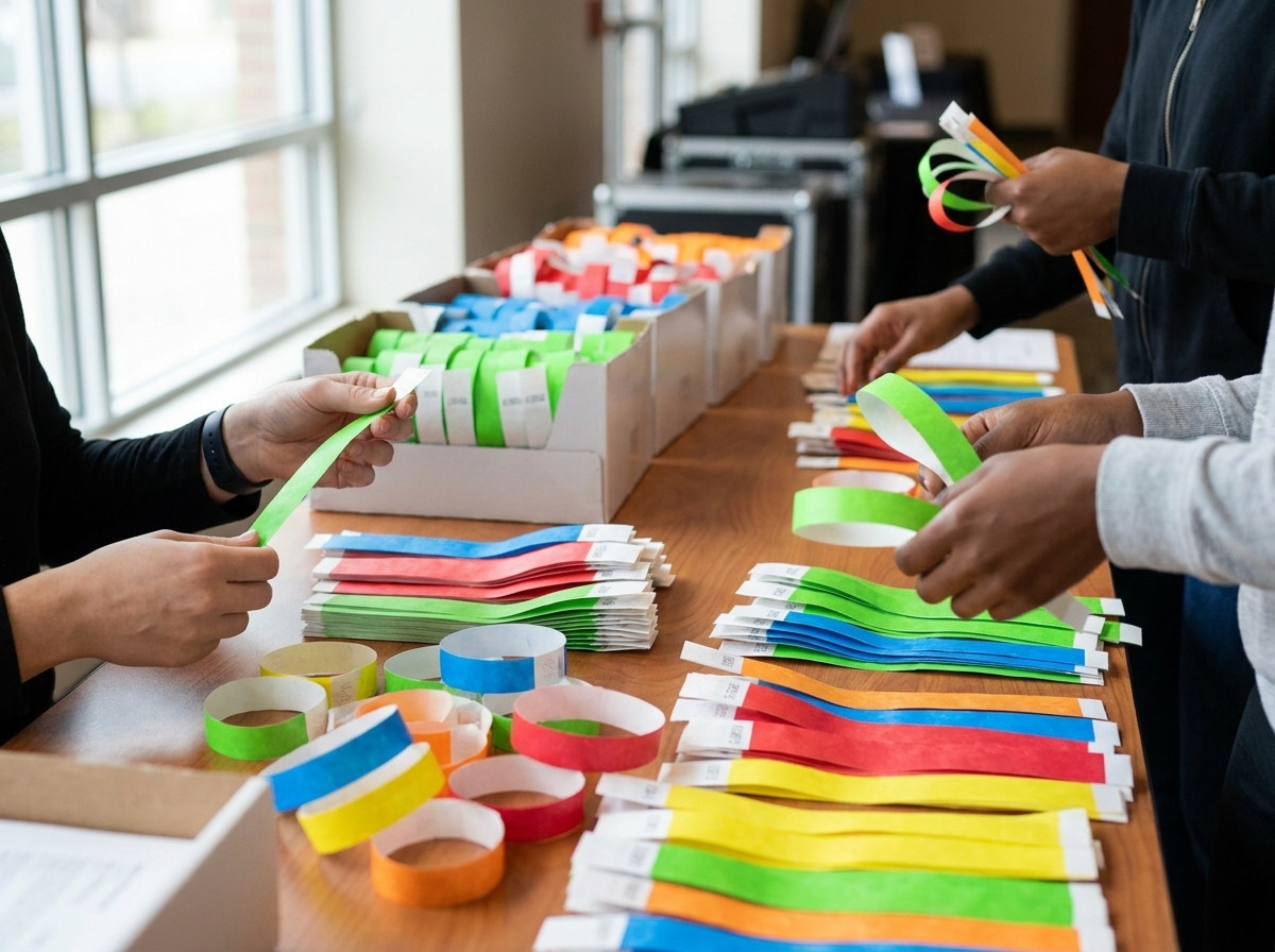 Mesa de clasificacion en la entrada de un evento local con pulseras de papel de distintos colores dispuestas en rollos