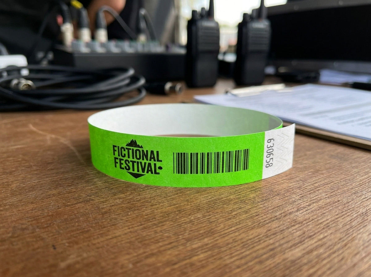 Primer plano de una pulsera de papel blanca con logo impreso cerrada en la muñeca
