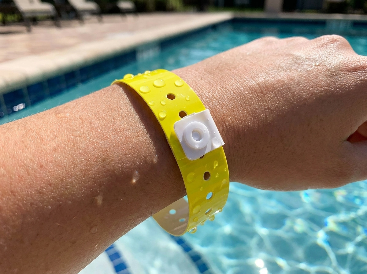 Primer plano de una pulsera de vinilo impermeable llevada en la muñeca de un niño a orillas de una piscina, con un número de teléfono claramente impreso
