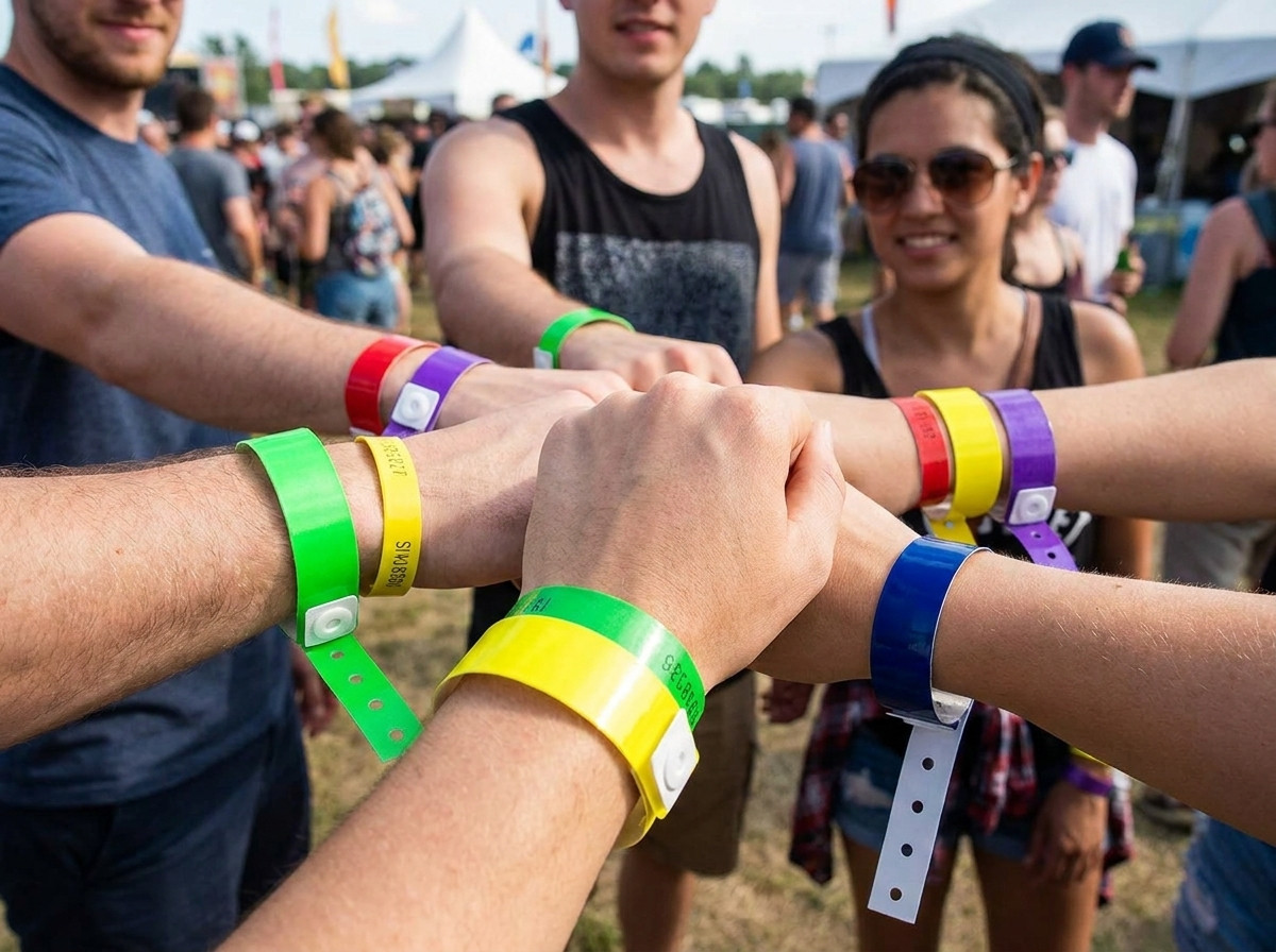 Pulseras de vinilo de colores llevadas por visitantes a la entrada de un parque acuático con toboganes y piscinas al fondo