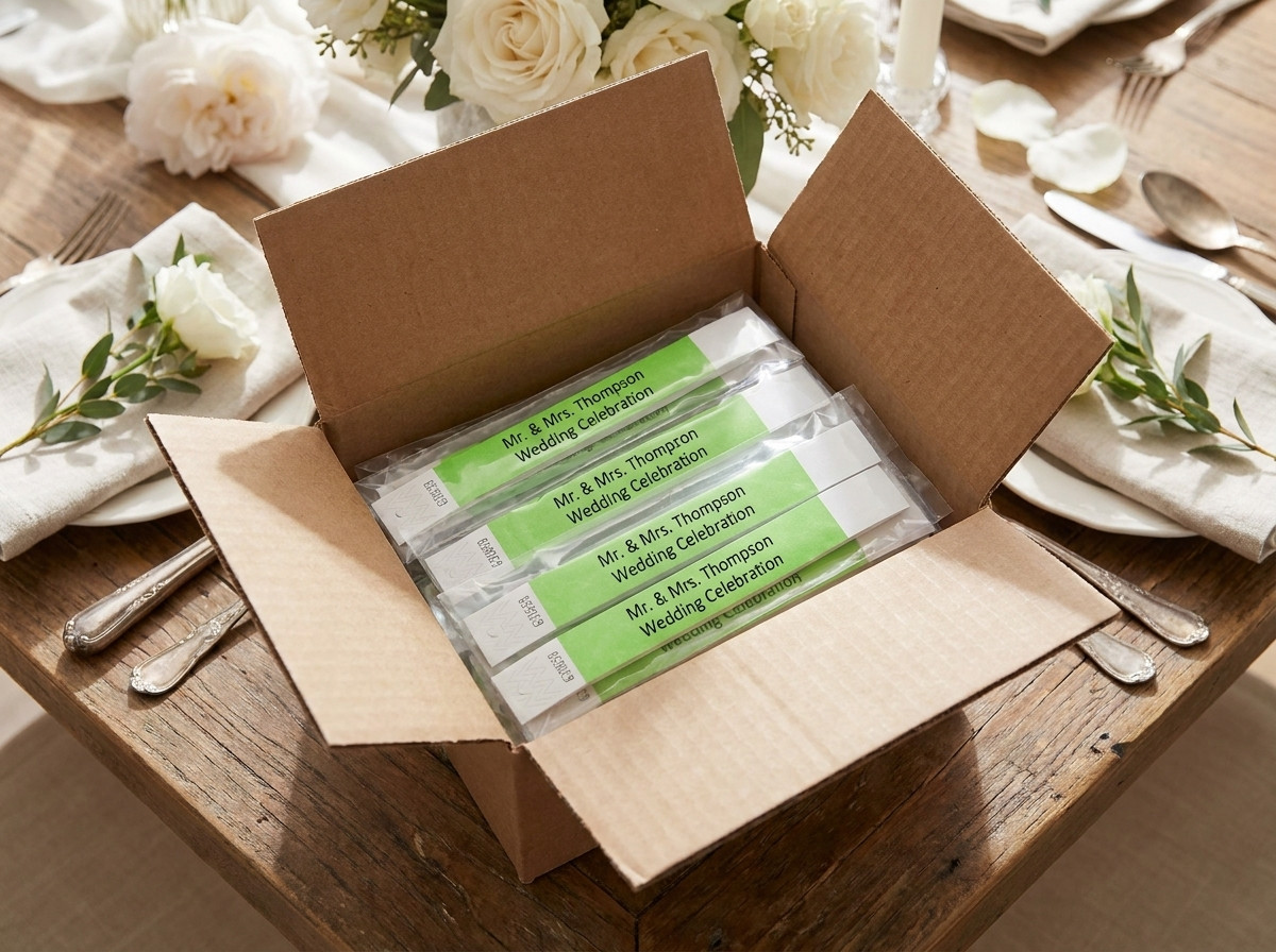Caja de entrega abierta que revela bolsas de pulseras de boda personalizadas listas para ser distribuidas a los invitados