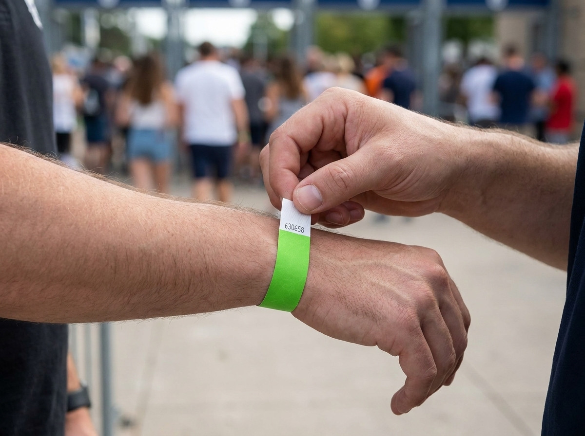 Agente de seguridad controlando pulseras antitransferencia a la entrada de un gran festival al aire libre, multitud visible al fondo