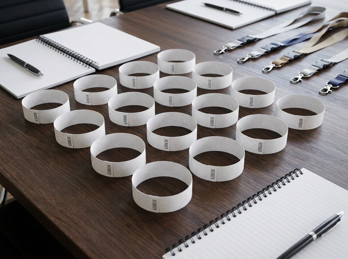 Pulseras de seminario en personalizadas con logo corporativo y codigo de barras, colocadas sobre una mesa de conferencia profesional