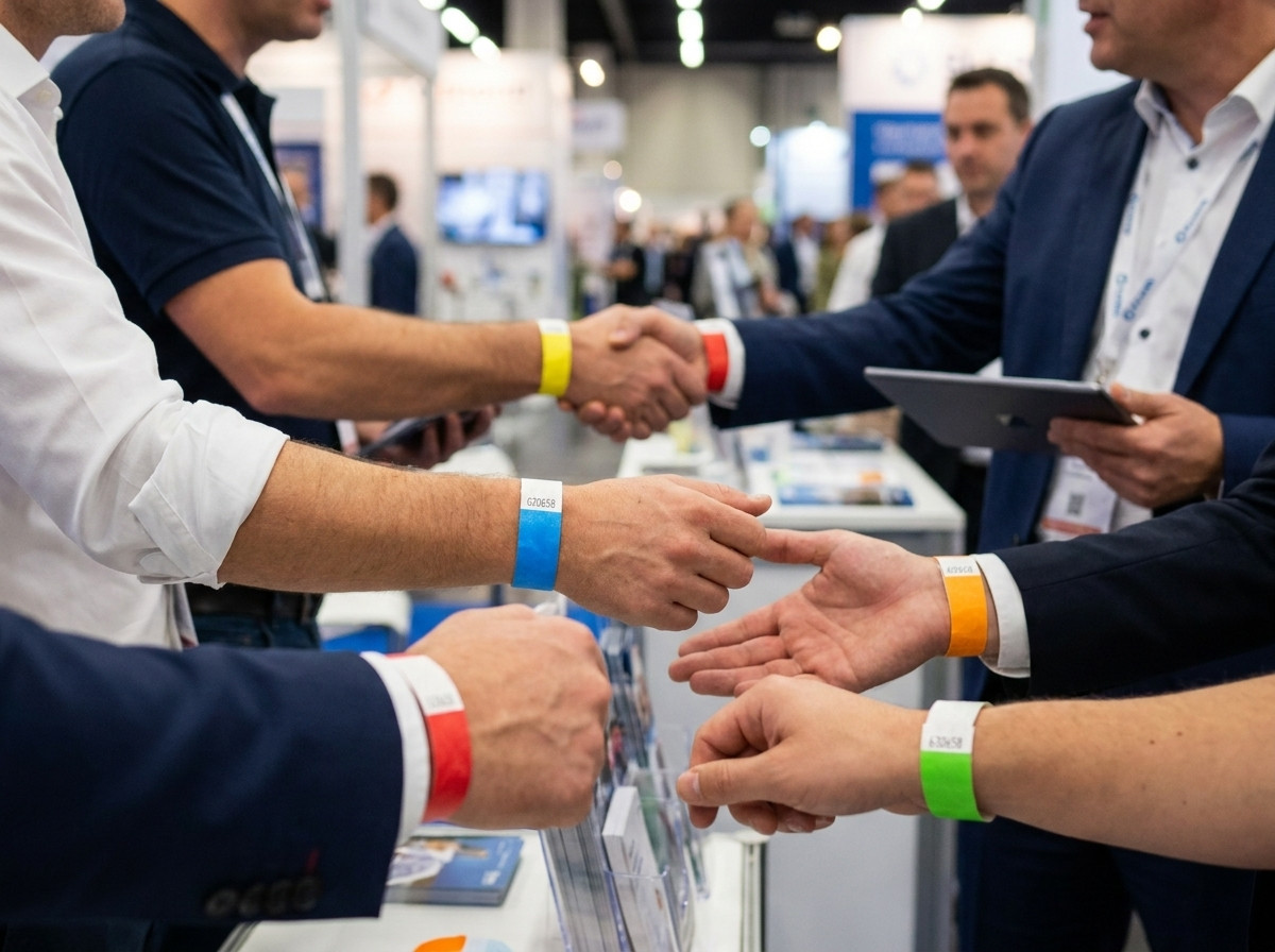 Pulseras Tyvek de colores para expositores y visitantes en un salón profesional B2B