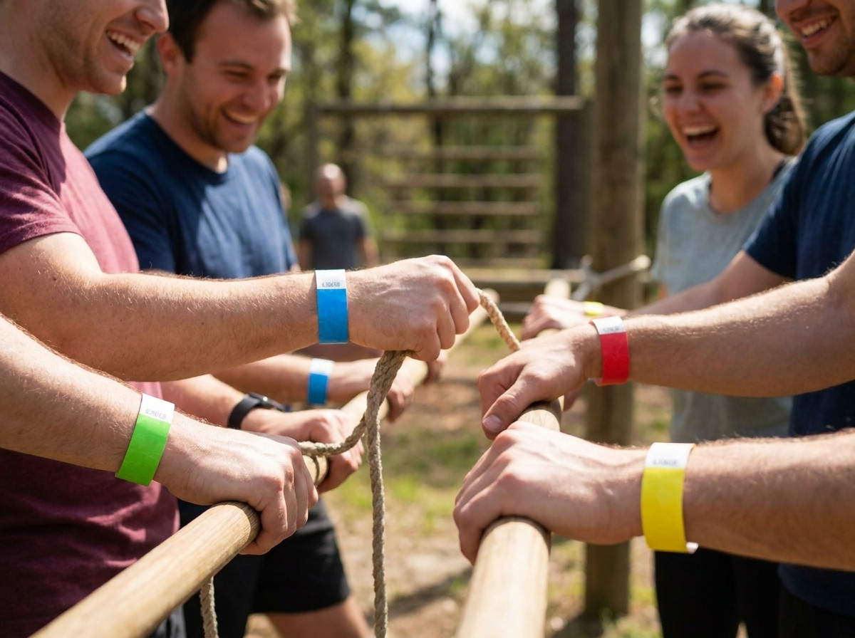 Pulseras de team building de colores llevadas por participantes durante una actividad al aire libre, cada color representa un equipo diferente