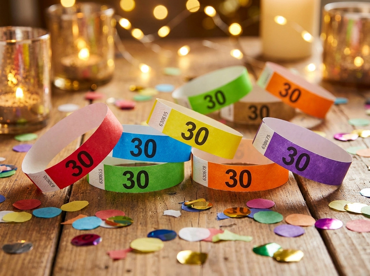 Pulseras Tyvek de colores personalizadas con el número 30 para una fiesta de aniversario, colocadas sobre una mesa decorada con confeti