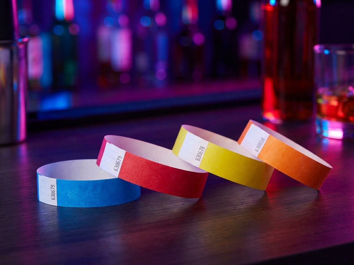 Pulseras de vinilo PVC de colores para acceso VIP en una discoteca, dispuestas sobre una barra con luces ambientales