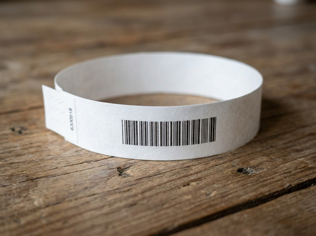 Primer plano de una pulsera de Tyvek blanco impresa con logo y codigo de barras, colocada sobre una superficie de madera