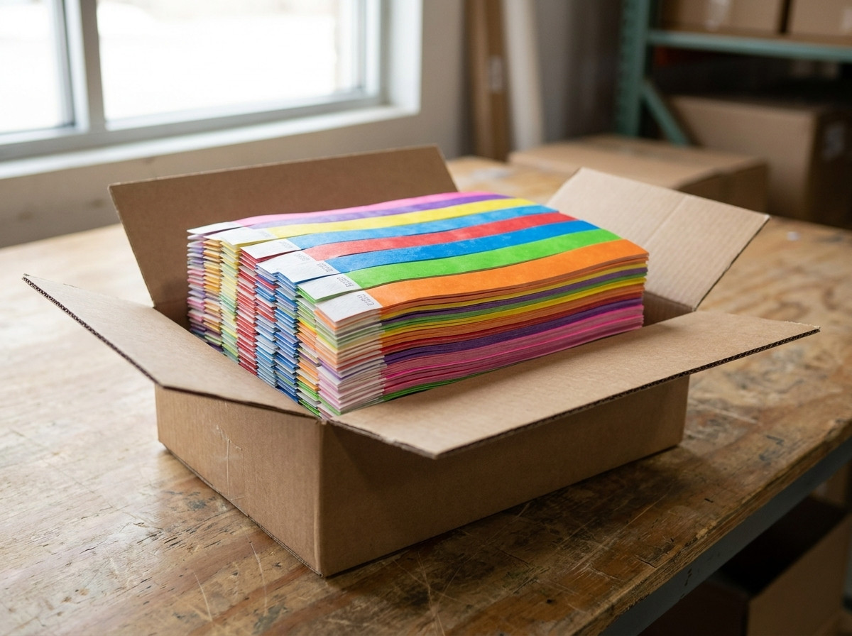 Pila de pulseras Tyvek de colores listas para enviar en una caja de embalaje DHL Express