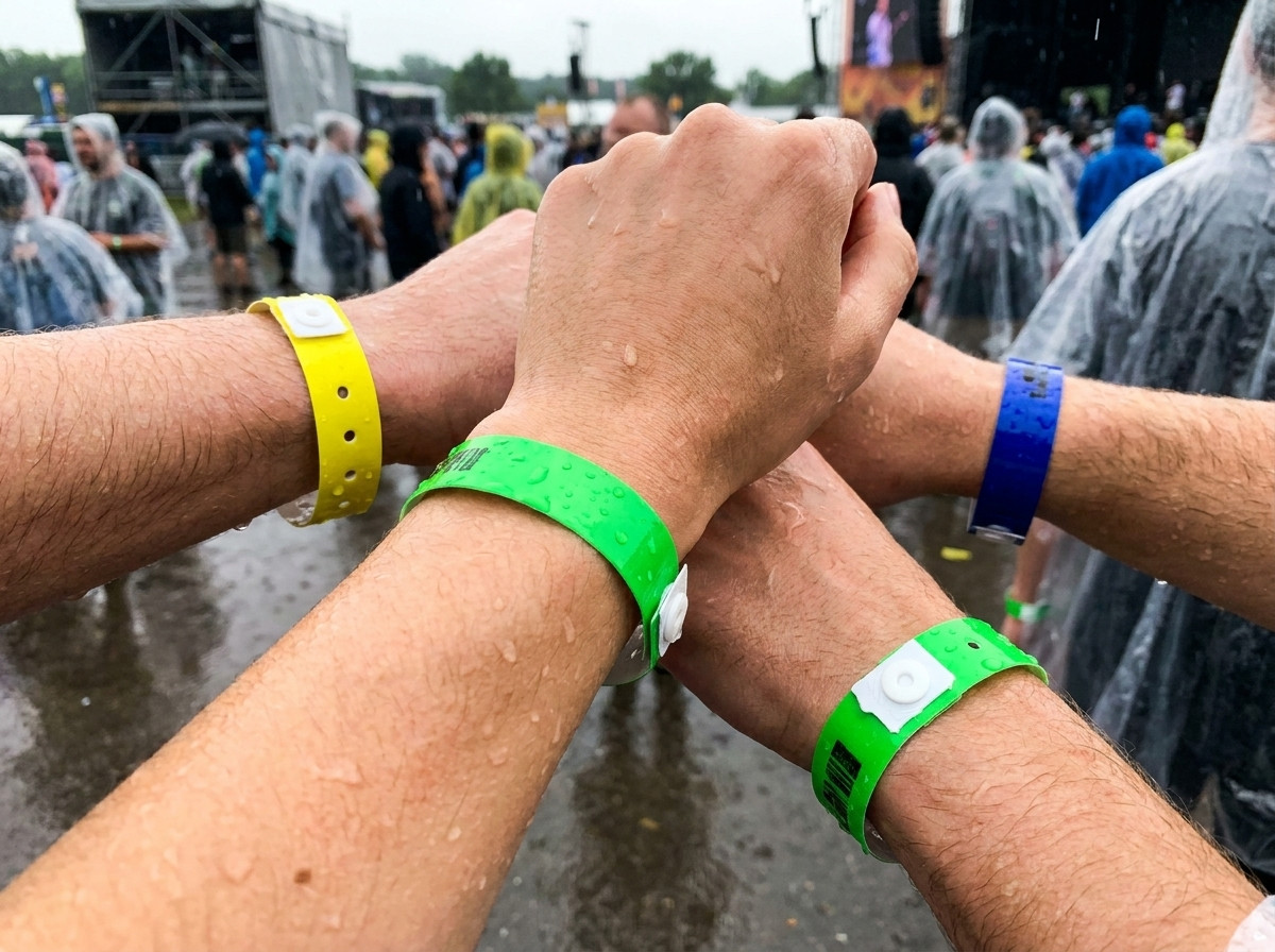 Pulseras de vinilo PVC de colores en la muñeca durante un festival de varios días bajo la lluvia